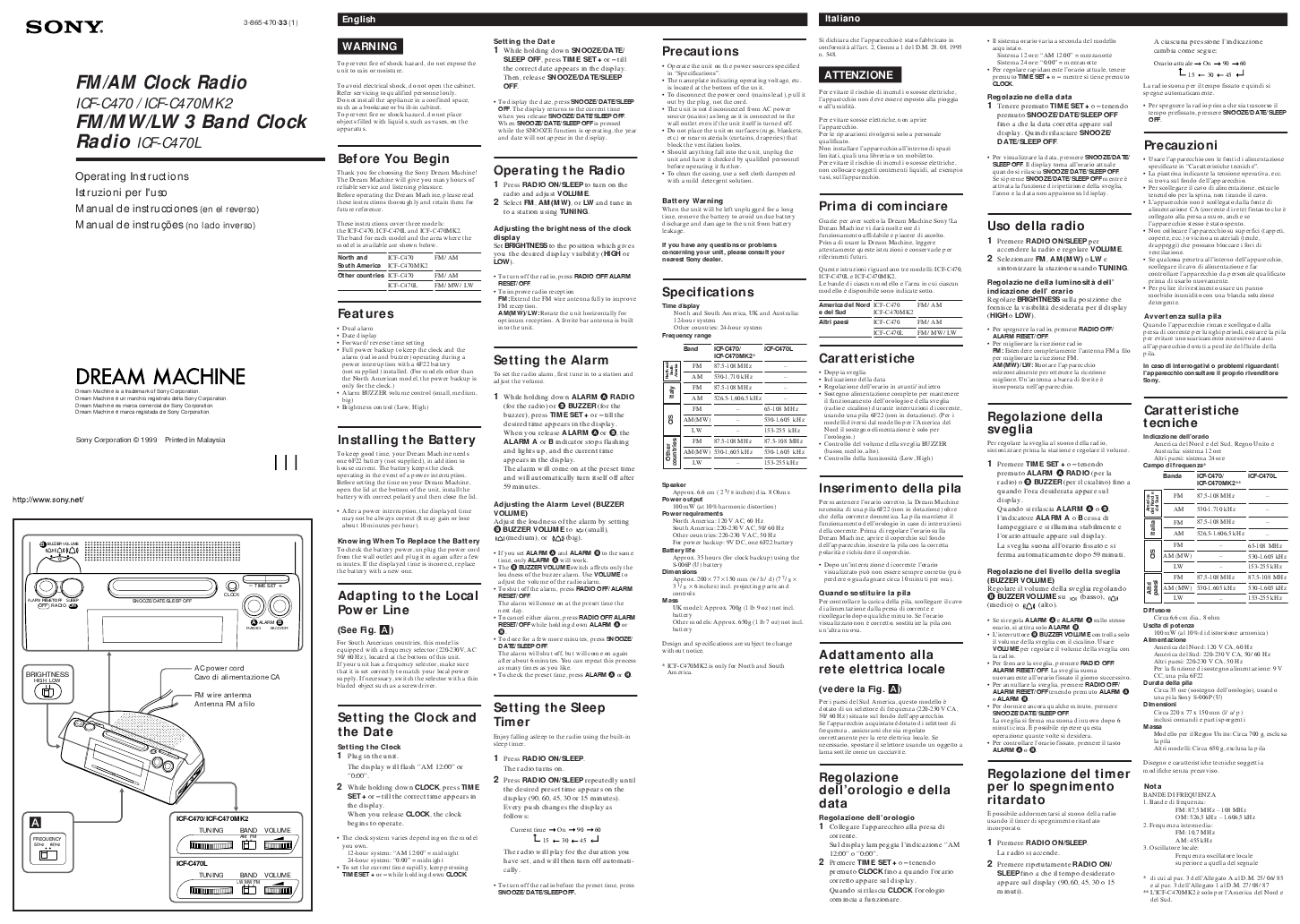 Sony Clock Radio ICFC470 User's Guide