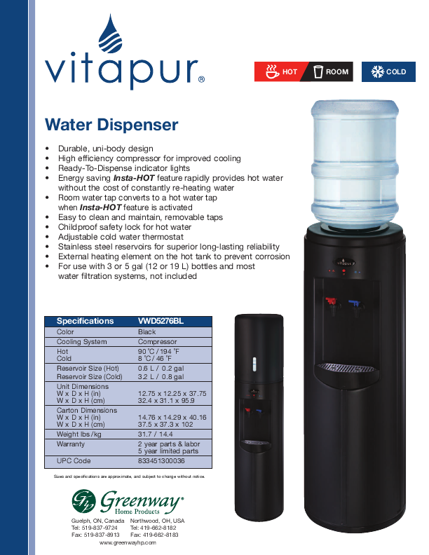for Greenway Home Products Ltd. VWD5276BLK Water Dispenser