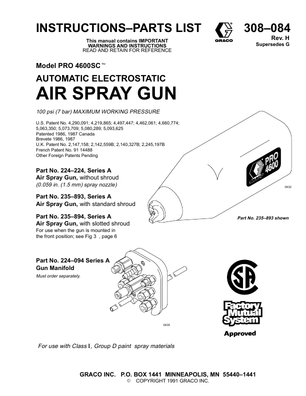 Graco Inc. Automatic Electrostatic Air Spray Gun Instructions-Parts List Type: Download