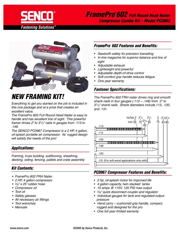 Senco FramePro 602 Full Round Head Nailer Compressor Combo Kit Specification