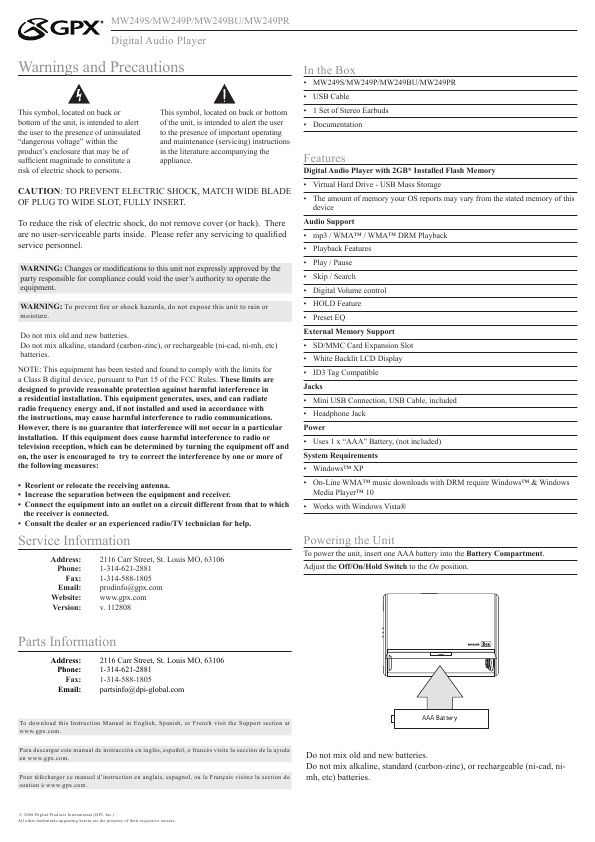 GPX Digital Audio Player Specification Sheet