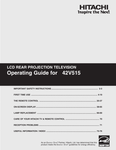Rear Projection Lamp on Hitachi Operating Guide Lcd Rear Projection Television 42v515