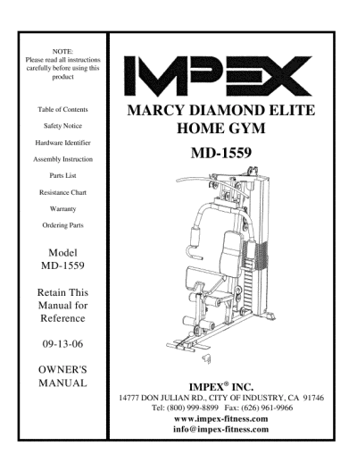 Impex Home Gym. for Impex MD-1559 Home Gym
