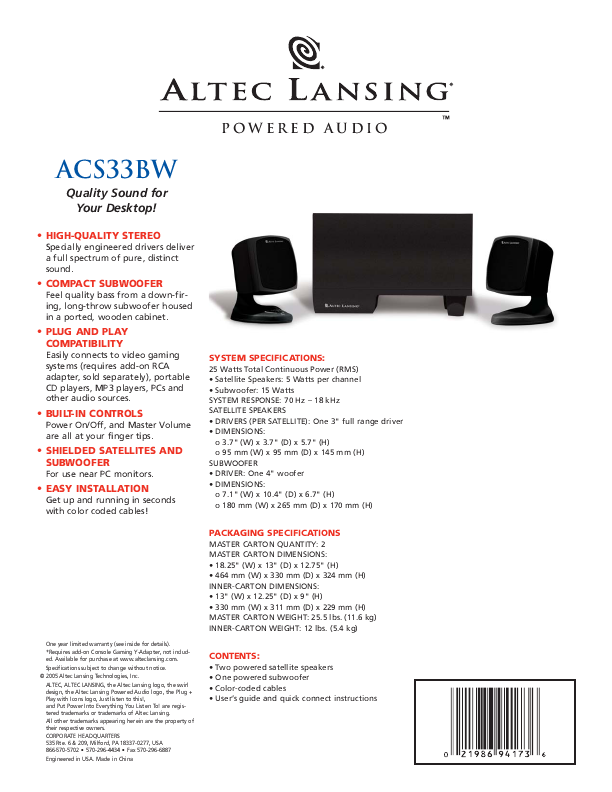 Altec Lansing Acs 160 Manual Lawn