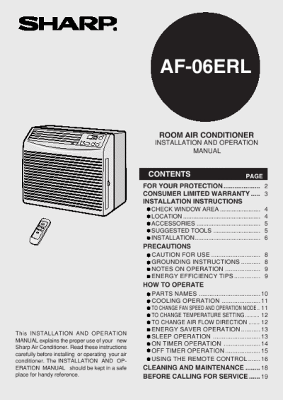 Sharp  Conditioners on Sharp Room Air Conditioner Af 06erl Operation Manual   Manualsonline