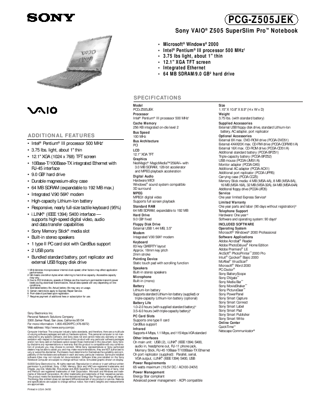 Sony Laptop PCG-Z505JEK User's Guide | ManualsOnline.com