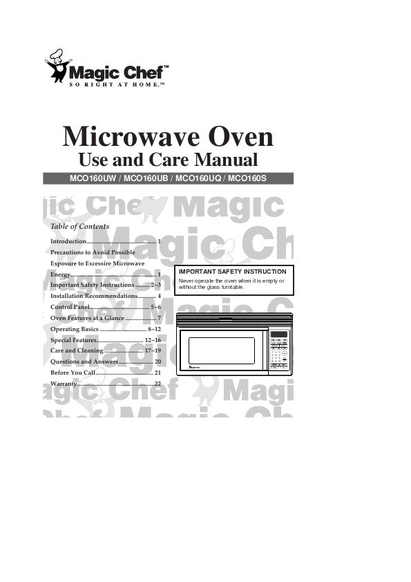 Magic chef microwave oven user manual kco222cs