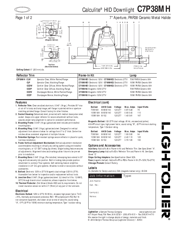 Lightolier Calculite Hid Downlight Specification Sheet 