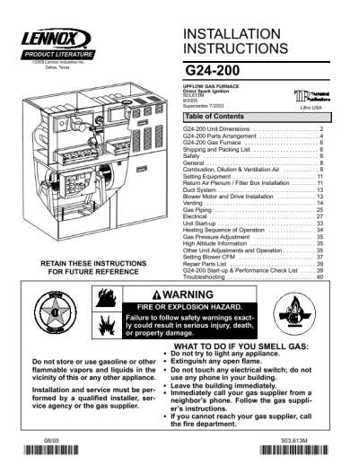 Lennox G61v Furnace Installation Manual