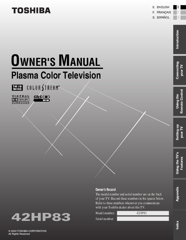 Toshiba Color Television Owner's Manual 42HP83 | ManualsOnline.com