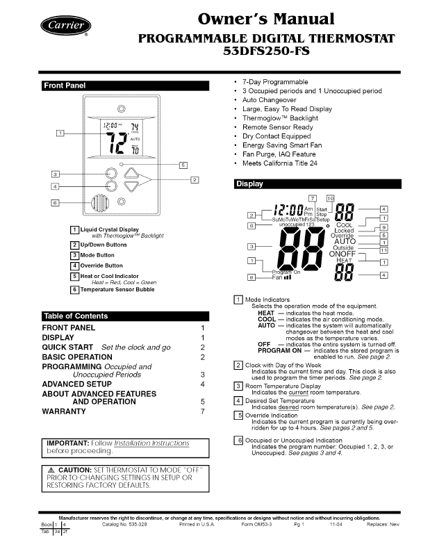 carrier thermostat manuals