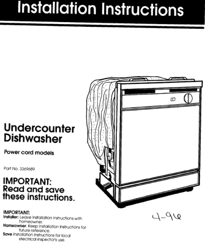 Kenmore Undercounter Dishwasher Manual