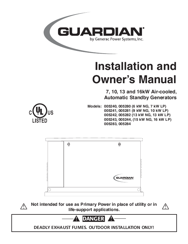 Guardian Automatic Standby Generators Installation and Owner's Manual