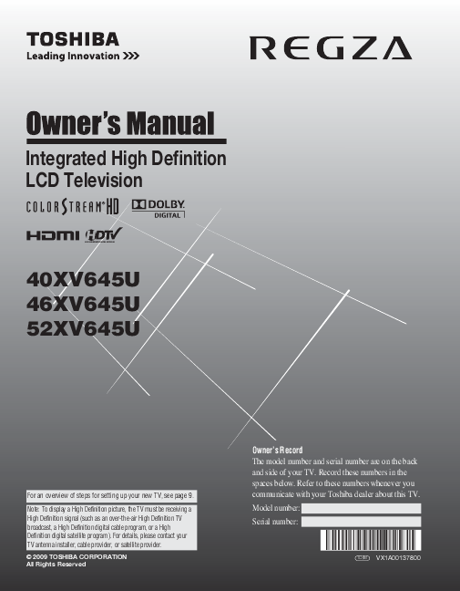 Toshiba Regza 32Hl66 Manual