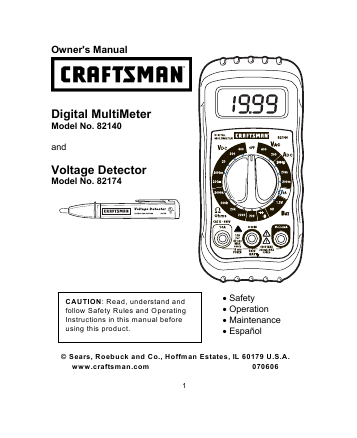 Craftsman Autoranging Multimeter 82018, free PDF download