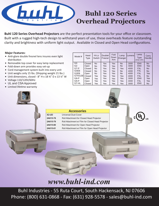 Buhl Industries Overhead Projectors Specification Sheet