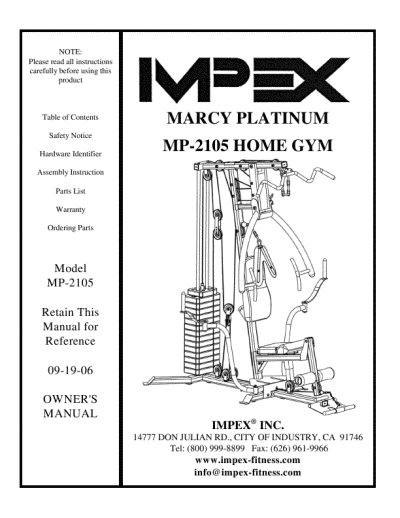 IMPEX OWNER'S MANUAL HOME GYM