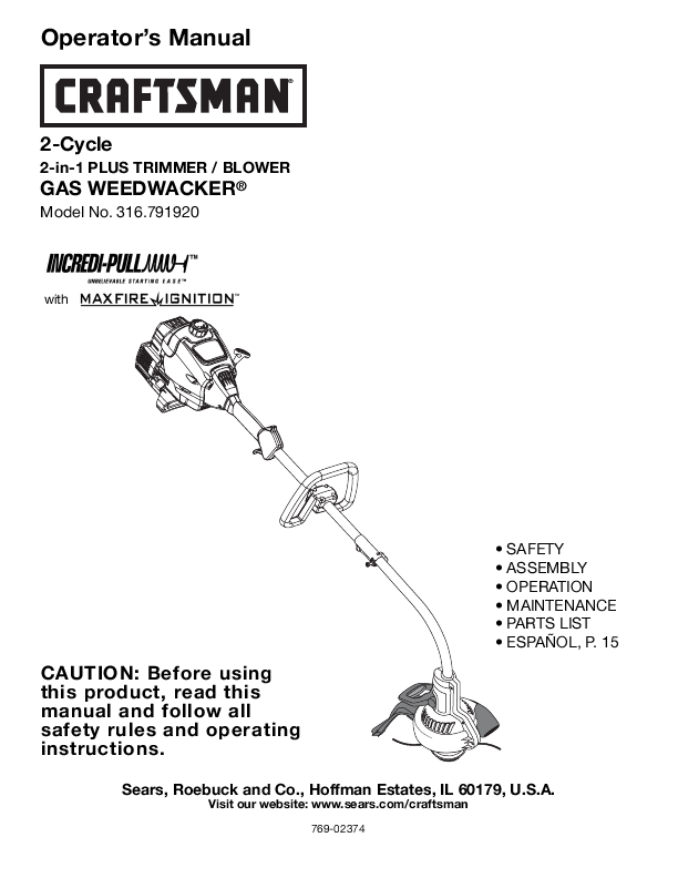 Craftsman Blower User Manual Type:MANUAL