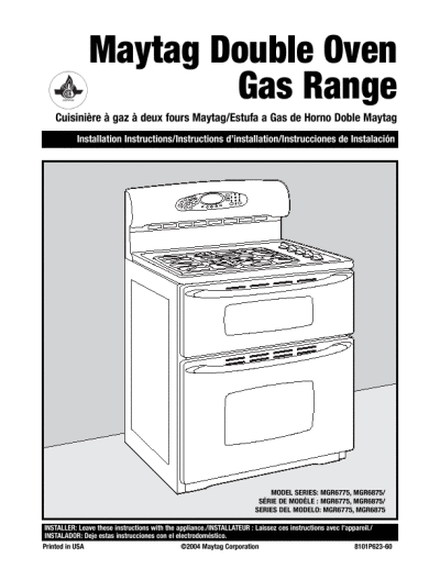 Home Appliance Installation on Maytag Installation Manual Double Oven Gas Range Mgr6775  Mgr6875