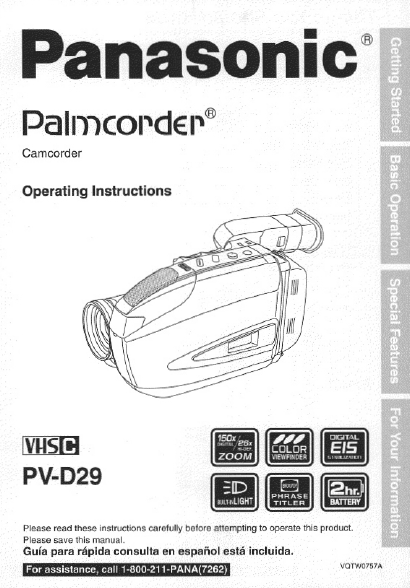 panasonic palmcorder pv manual