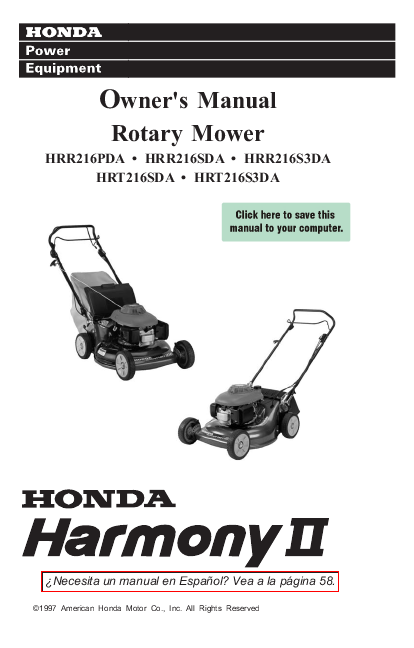 Honda harmony hrt216 manual