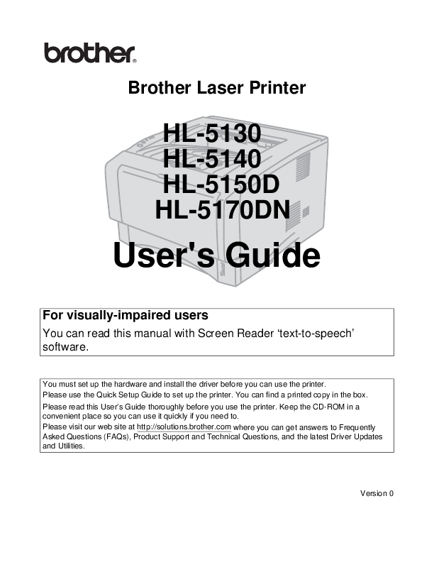 Brother User Guide Laser Printer HL-5130 HL-5140 HL-5150D HL-5170DN Type:MANUAL