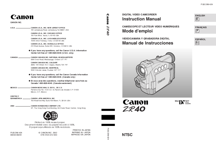 CANON Instruction Manual DIGITAL VIDEO CAMCORDER ZR40 | ManualsOnline.com