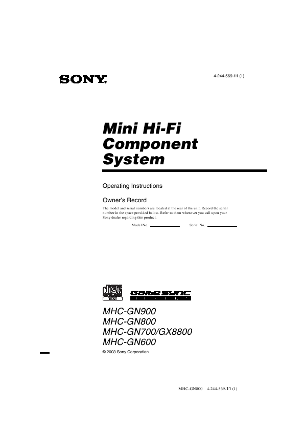 Sony Genezi Mhc-Gn800 Manual