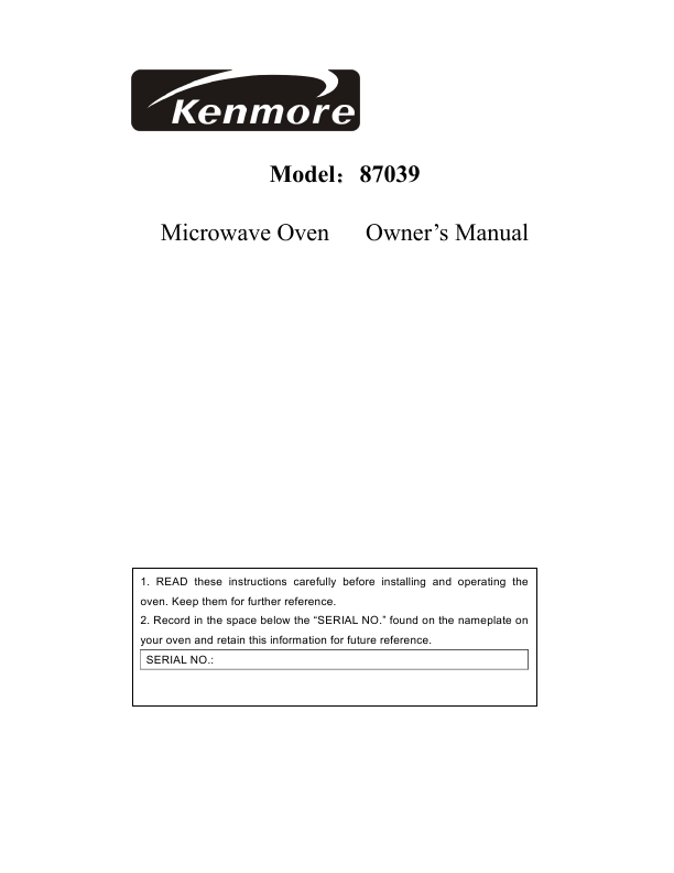 Manual For Kenmore Space Master Microwave Oven Parts