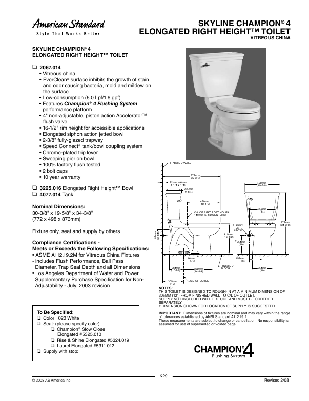 American Standard Skyline Champion 4 Elongated Right Height Toilet 