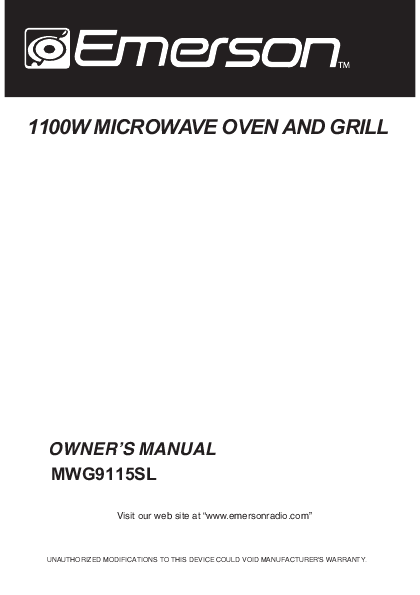 Emerson 1100W Microwave Oven Grill Manual