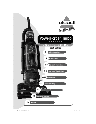 Bissell User's Guide Upright Bagless Vacuum Cleaner 6596