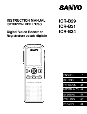 SANYO Digital Voice Recorder INSTRUCTION MANUAL ICR-B29, ICR-B31, ICR ...