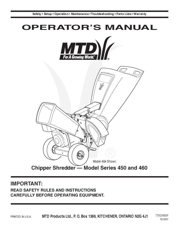 5Hp Mtd Chipper Shredder Manual
