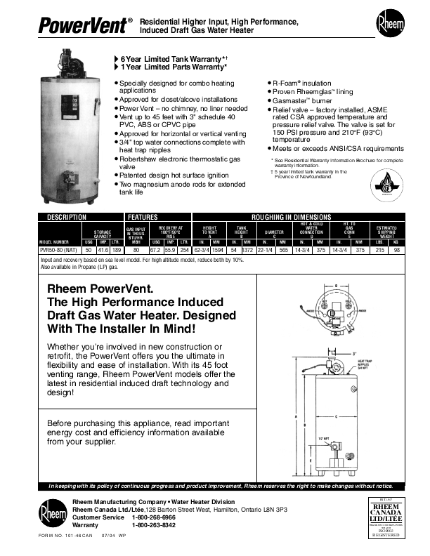 Rheem Power Vent Warmwasserbereiter Service Handbuch