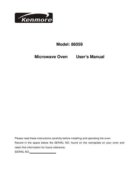 KENMORE Microwave Oven Model: 86059 User's Manual