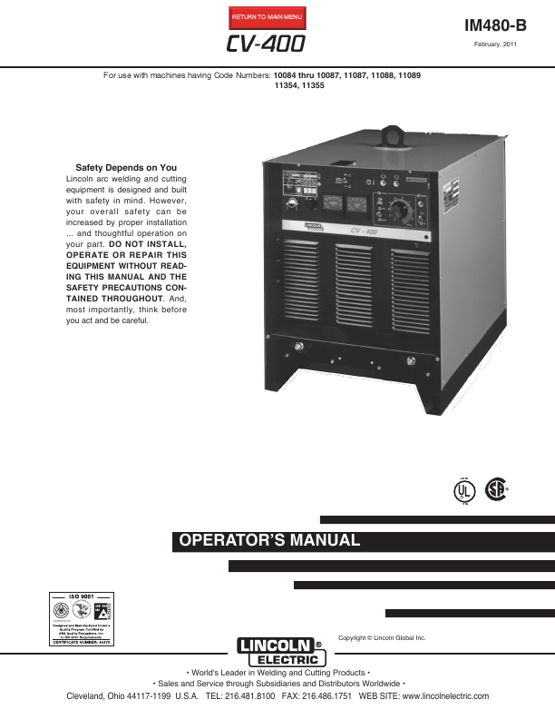 Lincoln Electric Welder CV-400 User's Guide | ManualsOnline.com