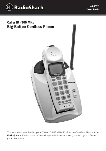 Cordless Telephone Radio Shack 900 MHz Digital Spread Spectrum Cordless  Phone with Digital Answerer and Caller ID/Call Waiting Deluxe Owner's Manual.