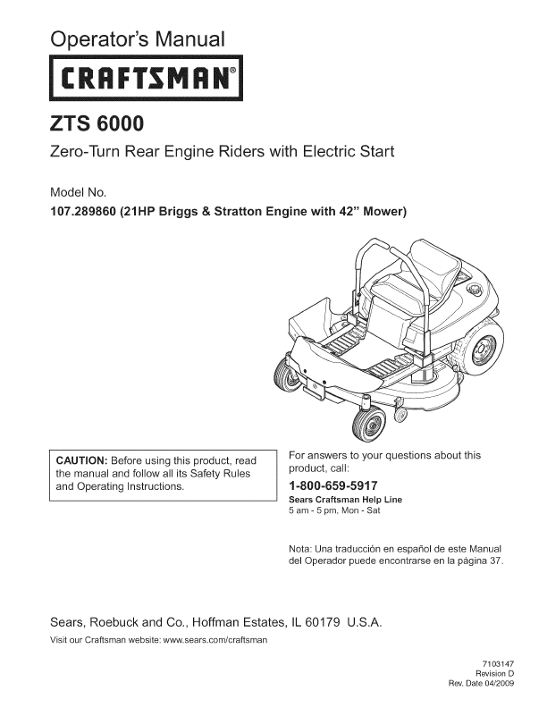 Craftsman Gas Powered Riding Lawn Tractor Operator's Manual