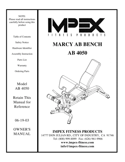 Cooking Appliances on Impex Owner S Manual Marcy Ab Bench Ab 4050   Manualsonline Com