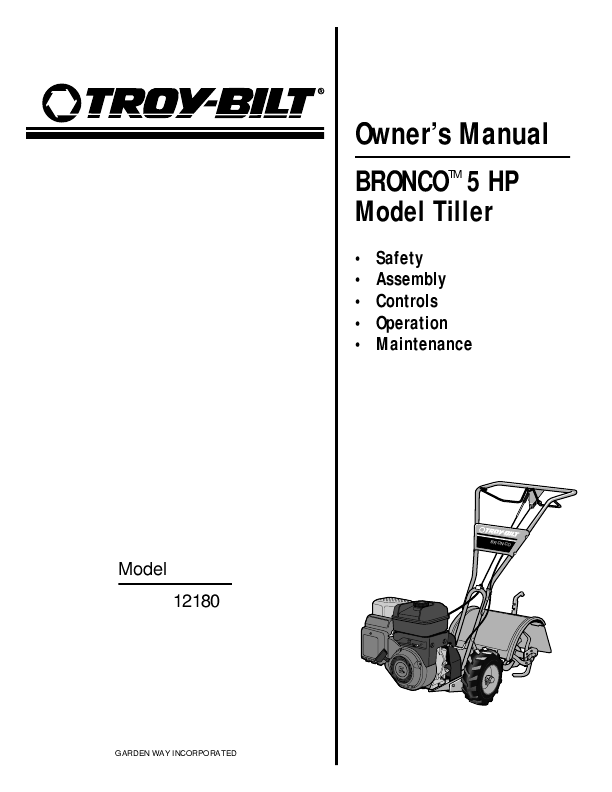 Troy-Bilt Bronco Tiller Owner's Manual