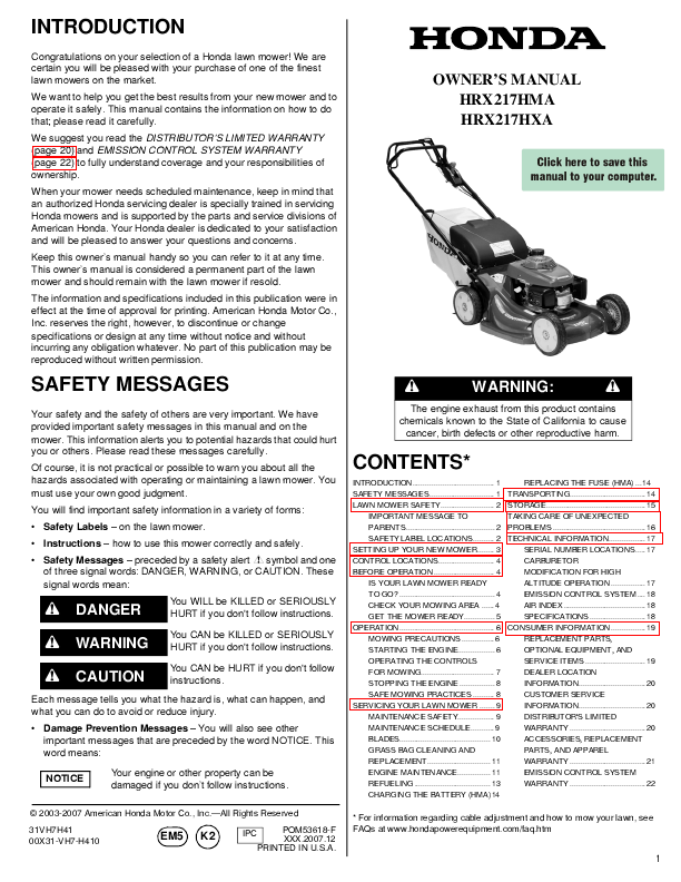 Additional Honda Power Equipment HRX217HMA Lawn Mower Literature