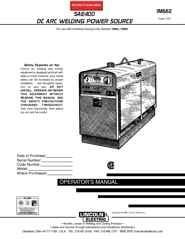 Lincoln Electric Welder SAE-400 User's Guide | ManualsOnline.com