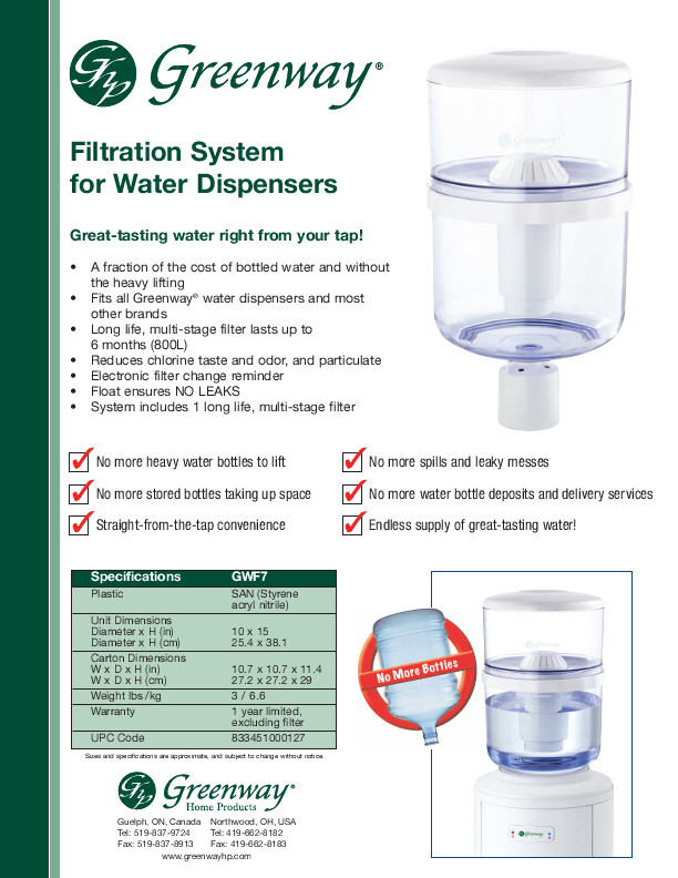 Greenway Home Products Ltd. Water Dispenser Filtration System Specification 