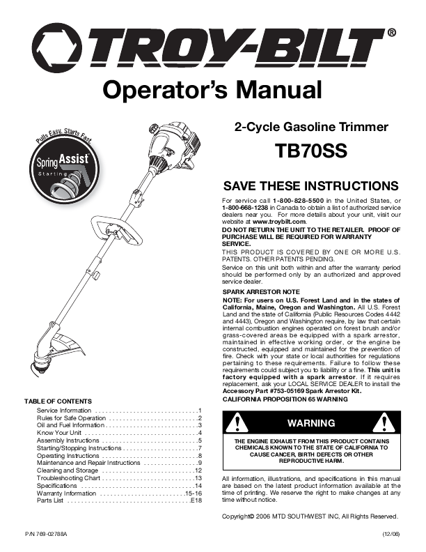 Troy-Bilt Trimmer TB70SS User's Guide | ManualsOnline.com