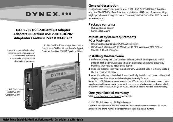 Additional Dynex DX-UC202 Network Card Literature