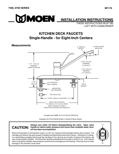 Kitchen Appliance Installation on Moen Kitchen Deck Faucets Installation Instructions 7300  8700