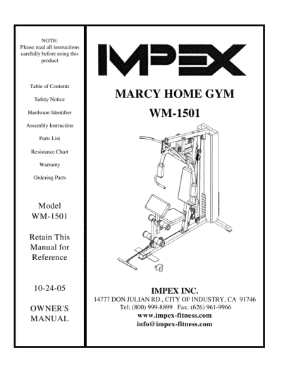 Impex Home Gym. Impex OWNER'S MANUAL Home Gym