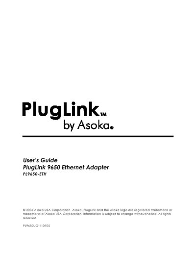 Asoka PlugLink 9650 Ethernet Adapter User's Guide PL9650-ETH