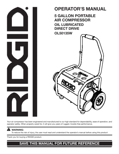 Portible  Compressor on Ridgid Portable Air Compressor Ol50135w Operator S Manual